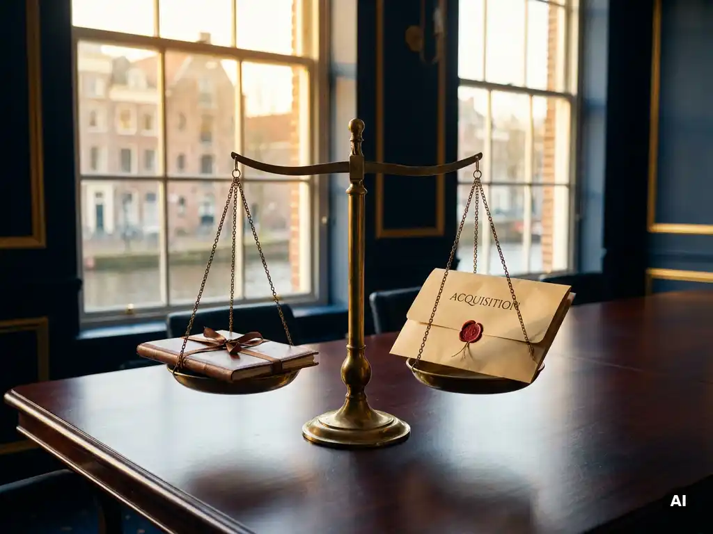 Antique brass scale balancing a leather-bound dossier against a manila acquisition folder on a mahogany boardroom table in warm Amsterdam light.
